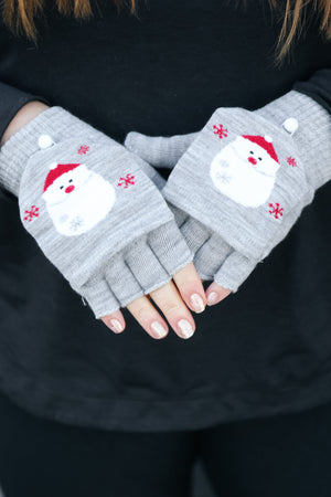 Grey Santa Claus Fingerless Gloves with Convertible Mittens