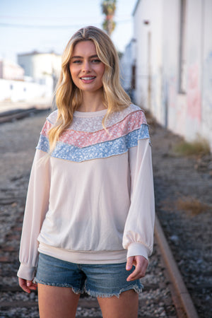 Taupe & Sky Blue Thermal Knit Out Seam Stitch Pullover