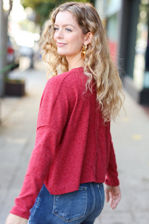 Stay Awhile Red Ribbed Dolman Cropped Sweater