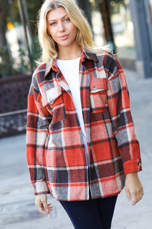 On My Way Up Rust Plaid Flannel Button Down Shacket