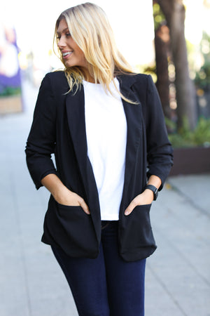 Black Notched Lapel Ruched Sleeve Blazer