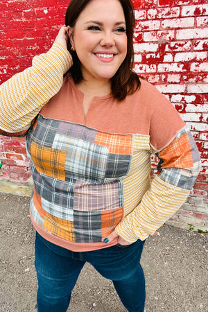 What I Like Rust/Charcoal Two Tone Knit Plaid V Neck Top