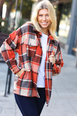 On My Way Up Rust Plaid Flannel Button Down Shacket