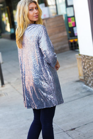 Holiday Silver Iridescent Sequin Open Lined Cardigan