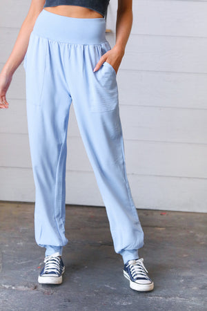 Spring Blue Woven Airflow Wide Waistband Jogger