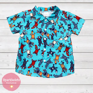 Raining Cats & Dogs Teal Woven Button Down